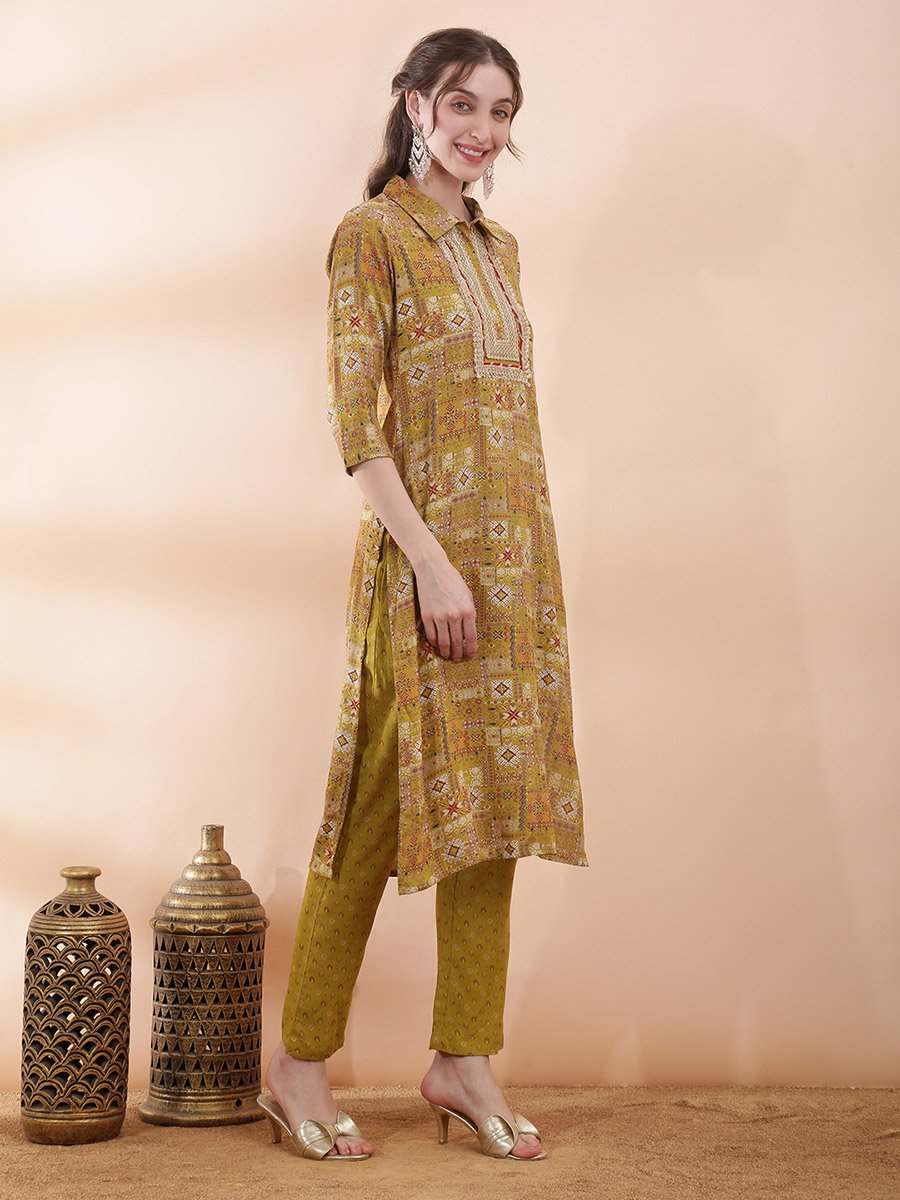 Mustard Ethnic Motifs Kurta Pant Set with Shirt Collar and Straight Fit