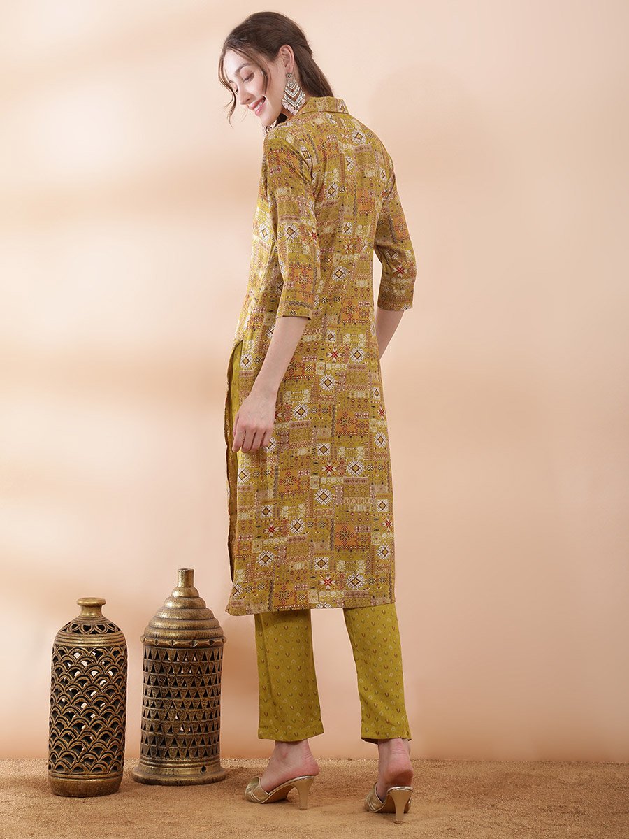 Mustard Ethnic Motifs Kurta Pant Set with Shirt Collar and Straight Fit