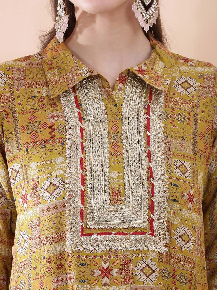 Mustard Ethnic Motifs Kurta Pant Set with Shirt Collar and Straight Fit