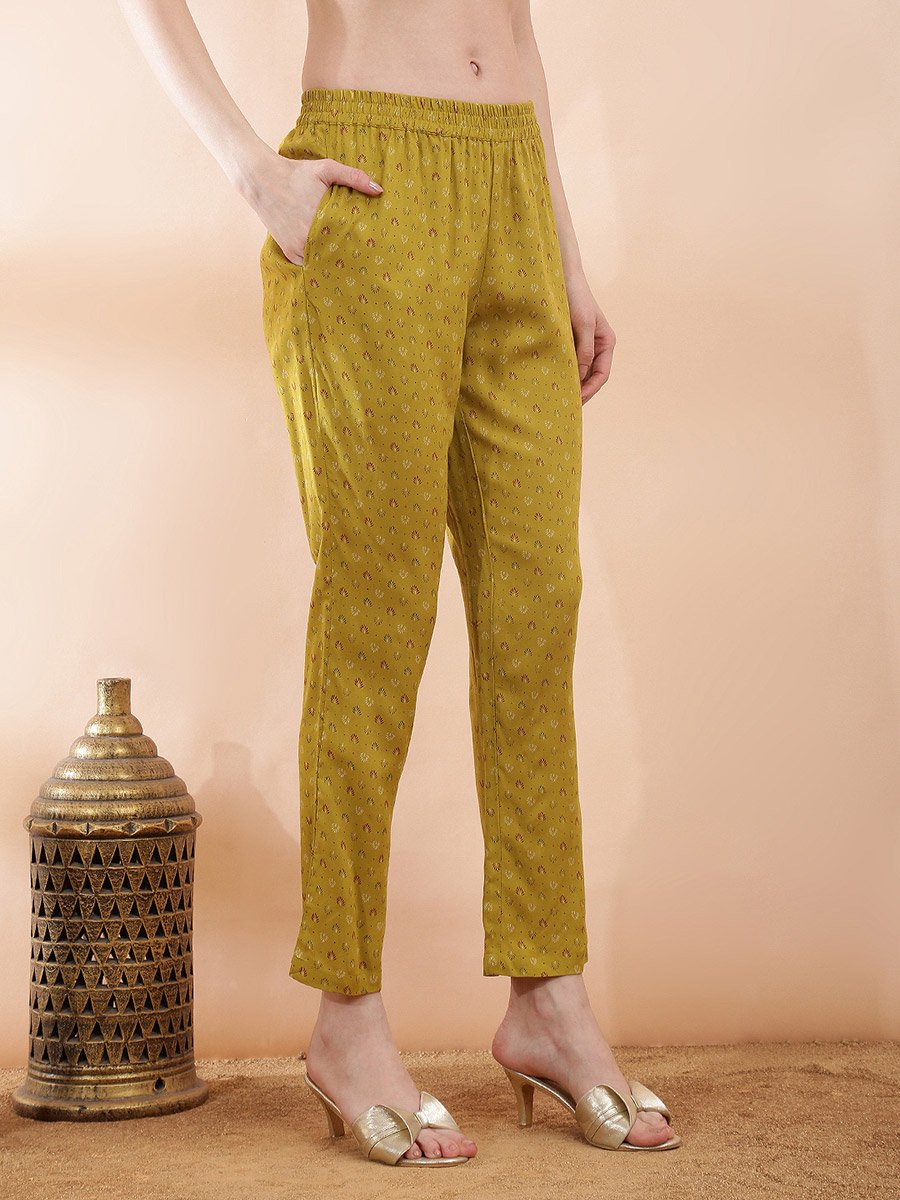 Mustard Ethnic Motifs Kurta Pant Set with Shirt Collar and Straight Fit