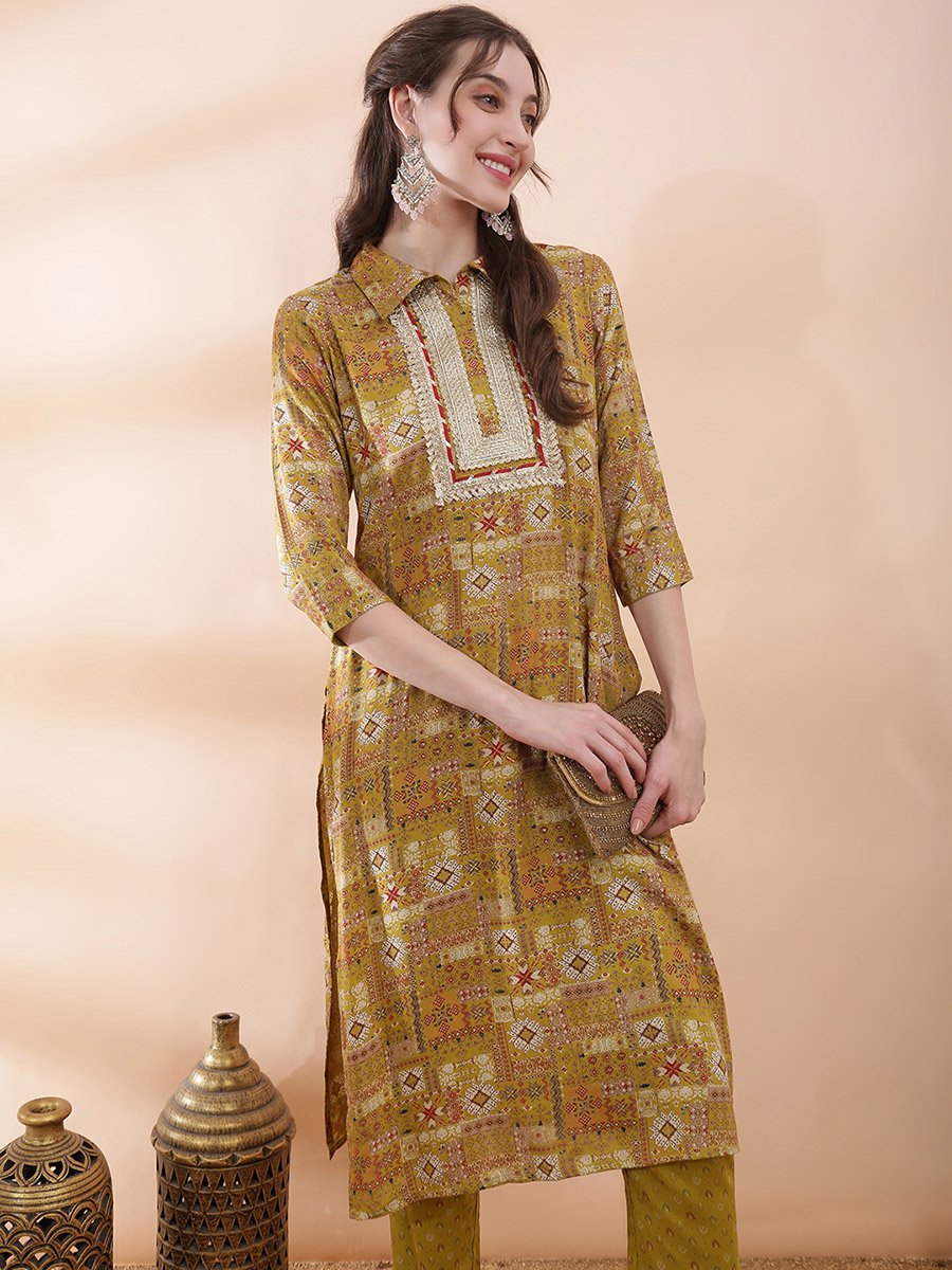 Mustard Ethnic Motifs Kurta Pant Set with Shirt Collar and Straight Fit