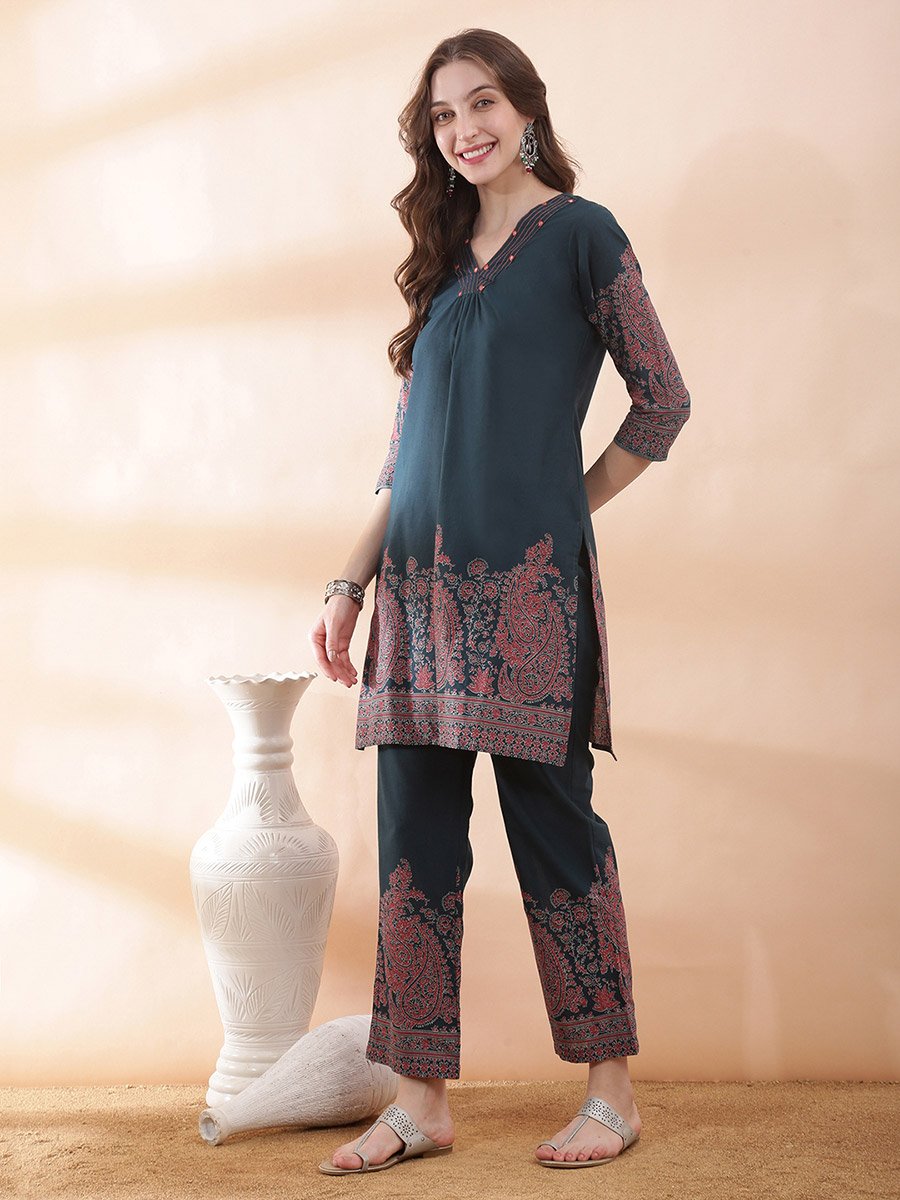 Teal Paisley Print V Neck Kurta and Straight Pants Set Ethnic Fashion
