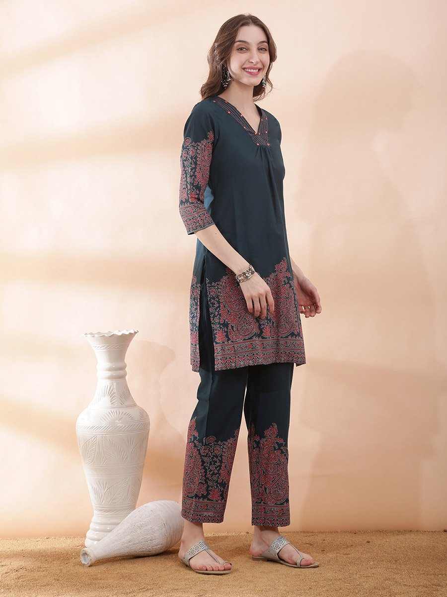 Teal Paisley Print V Neck Kurta and Straight Pants Set Ethnic Fashion