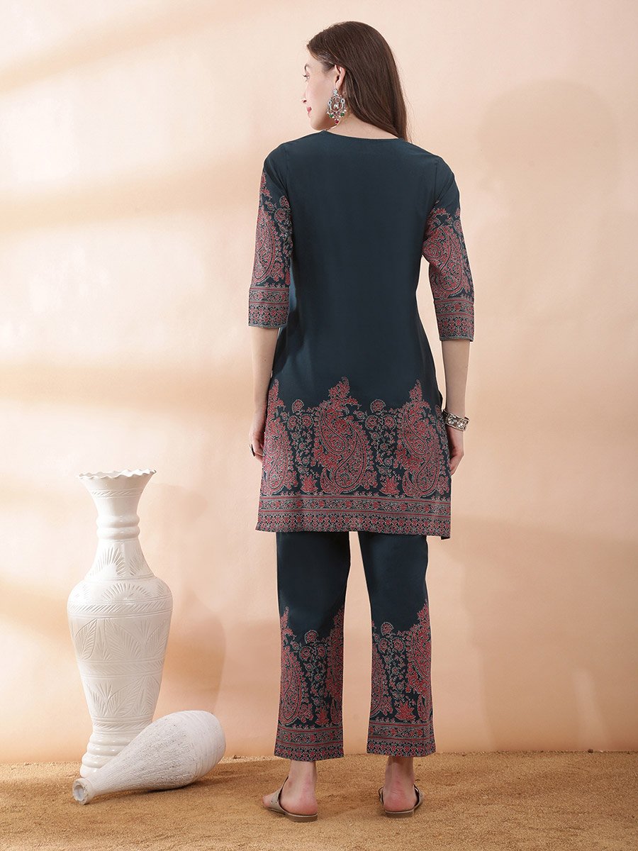 Teal Paisley Print V Neck Kurta and Straight Pants Set Ethnic Fashion