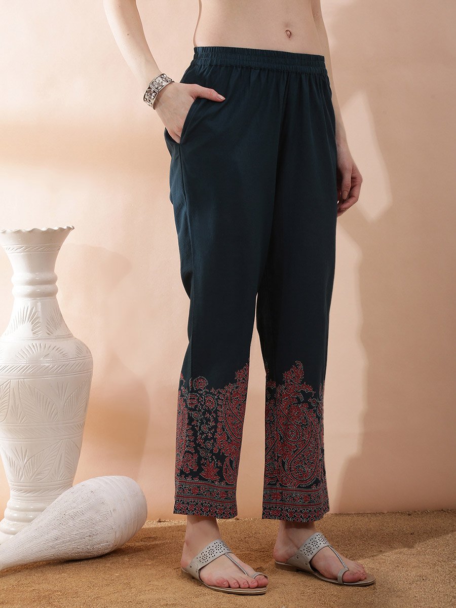 Teal Paisley Print V Neck Kurta and Straight Pants Set Ethnic Fashion