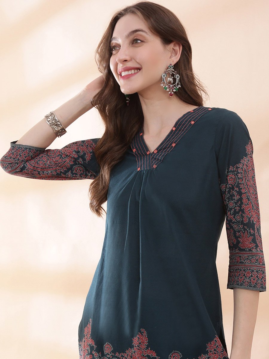 Teal Paisley Print V Neck Kurta and Straight Pants Set Ethnic Fashion