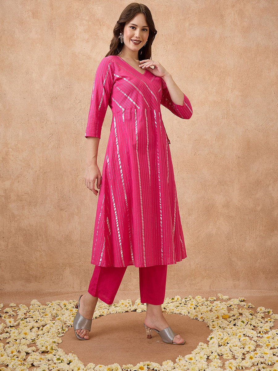 Pink Zari A-Line Angrakha Kurta and Straight Pants Set