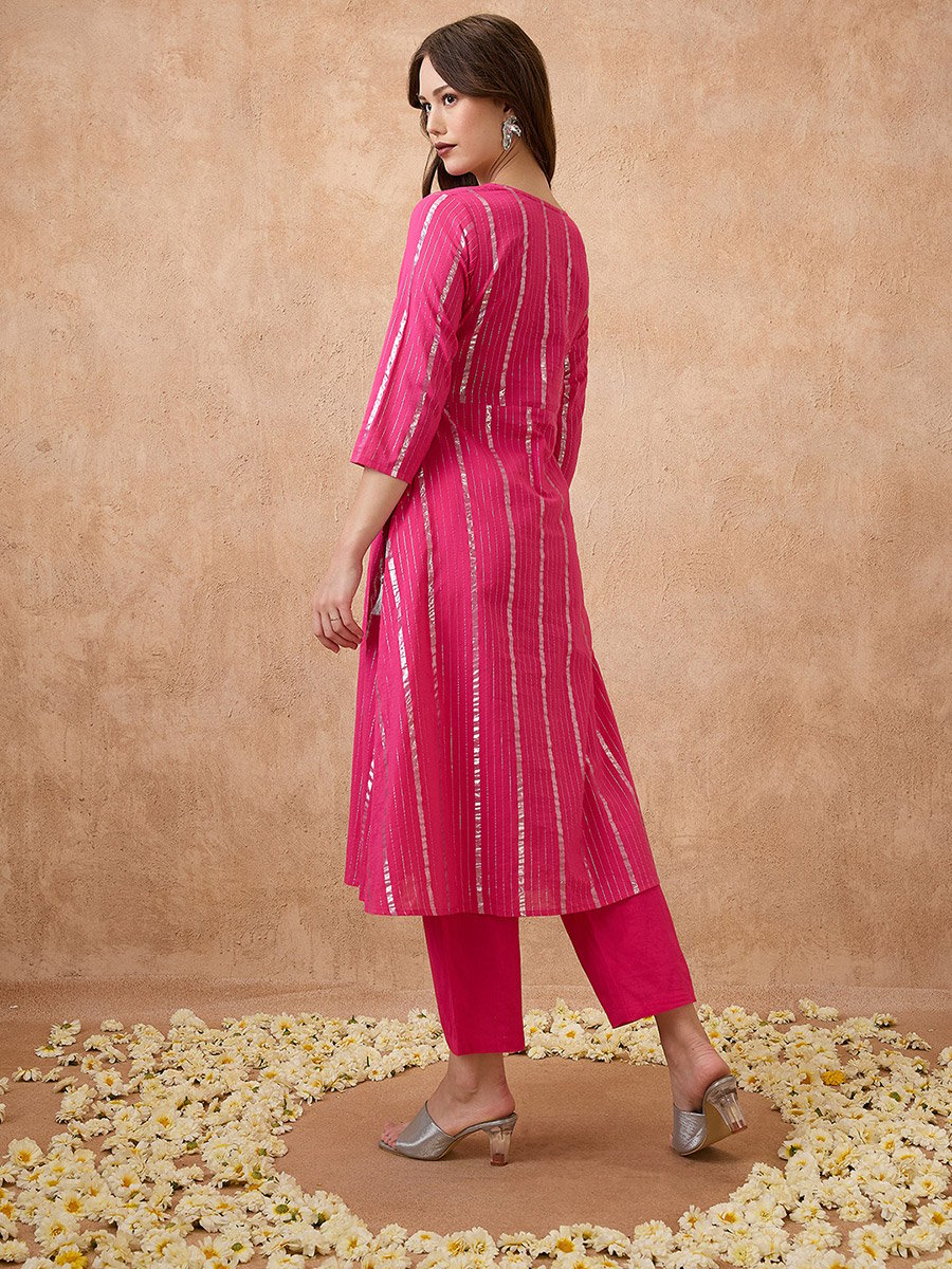 Pink Zari A-Line Angrakha Kurta and Straight Pants Set