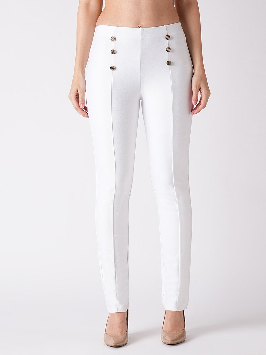 White High-Waist Jeggings with Button Detail