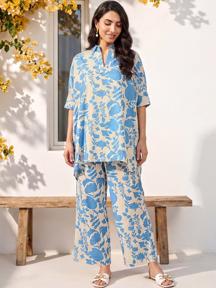 Blue Floral Tunic and Trousers Co-Ord Set
