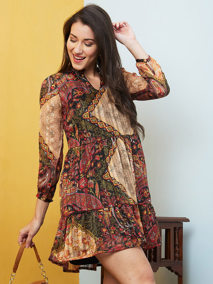 Multi-Color Paisley Print Long Sleeve Mini Fit and Flare