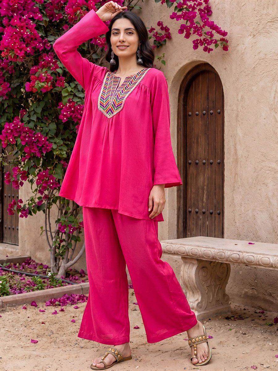 Pink Tunic and Trousers Co-Ord Set with Embroidered Neckline