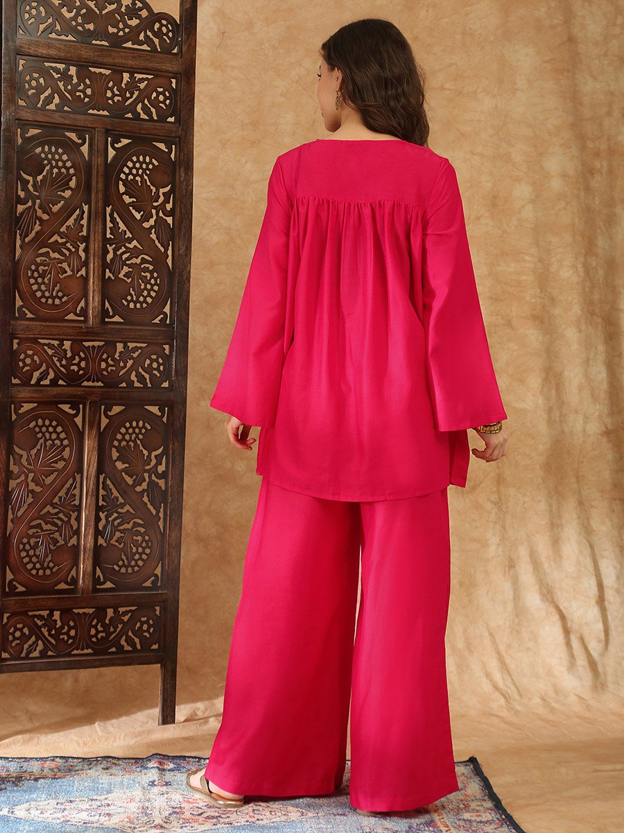 Pink Tunic and Trousers Co-Ord Set with Embroidered Neckline