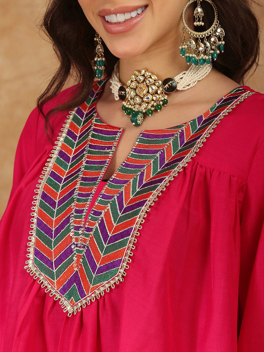 Pink Tunic and Trousers Co-Ord Set with Embroidered Neckline