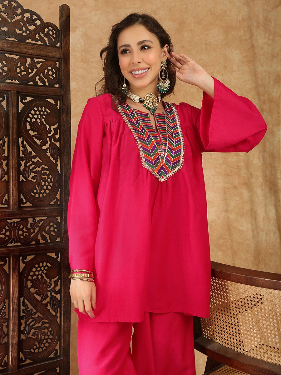 Pink Tunic and Trousers Co-Ord Set with Embroidered Neckline