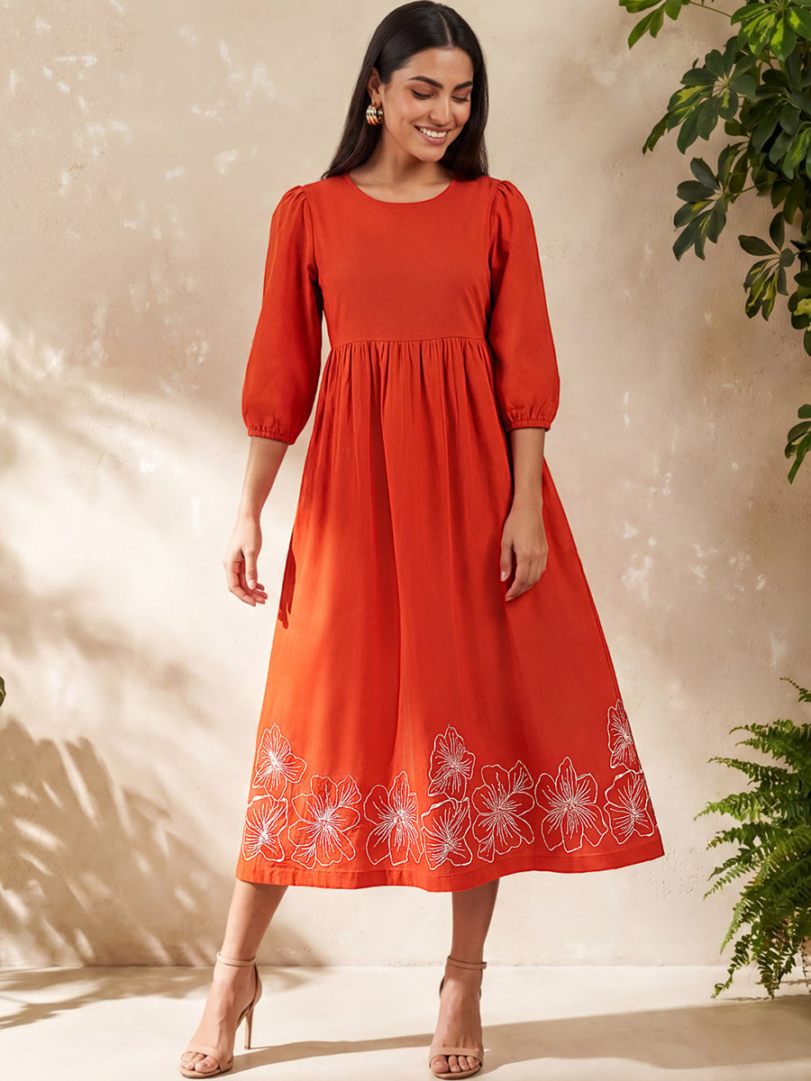 Rust Embroidered Midi Dress with 3/4 Sleeves