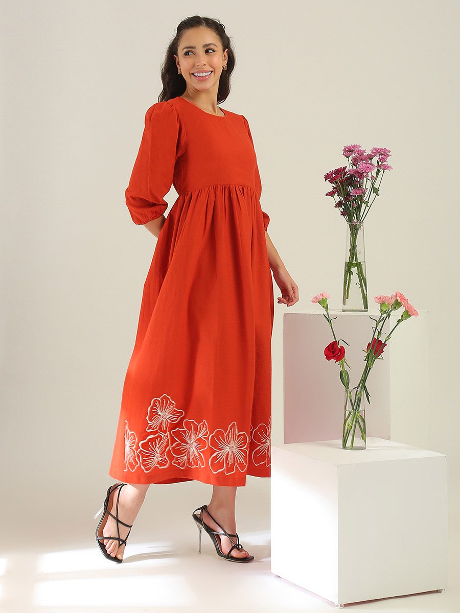 Rust Embroidered Midi Dress with 3/4 Sleeves