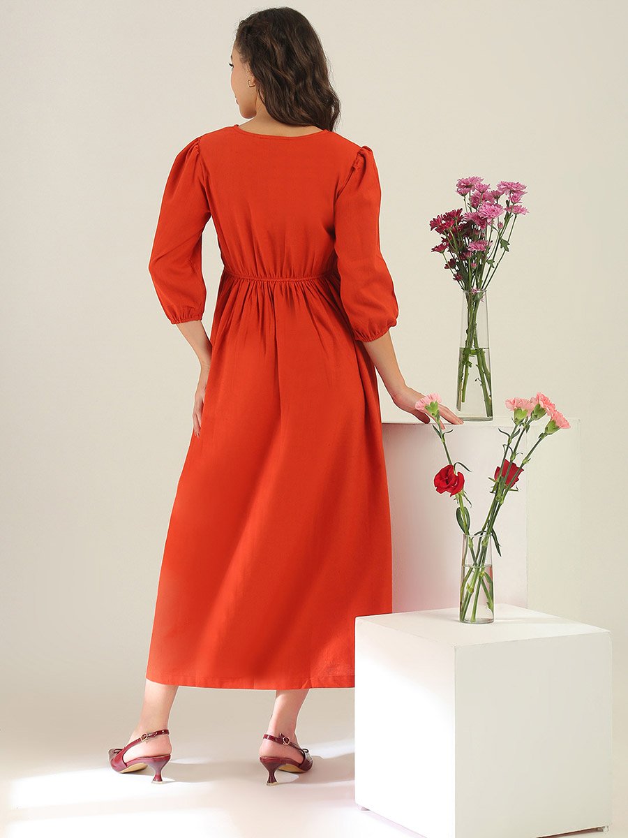 Rust Embroidered Midi Dress with 3/4 Sleeves