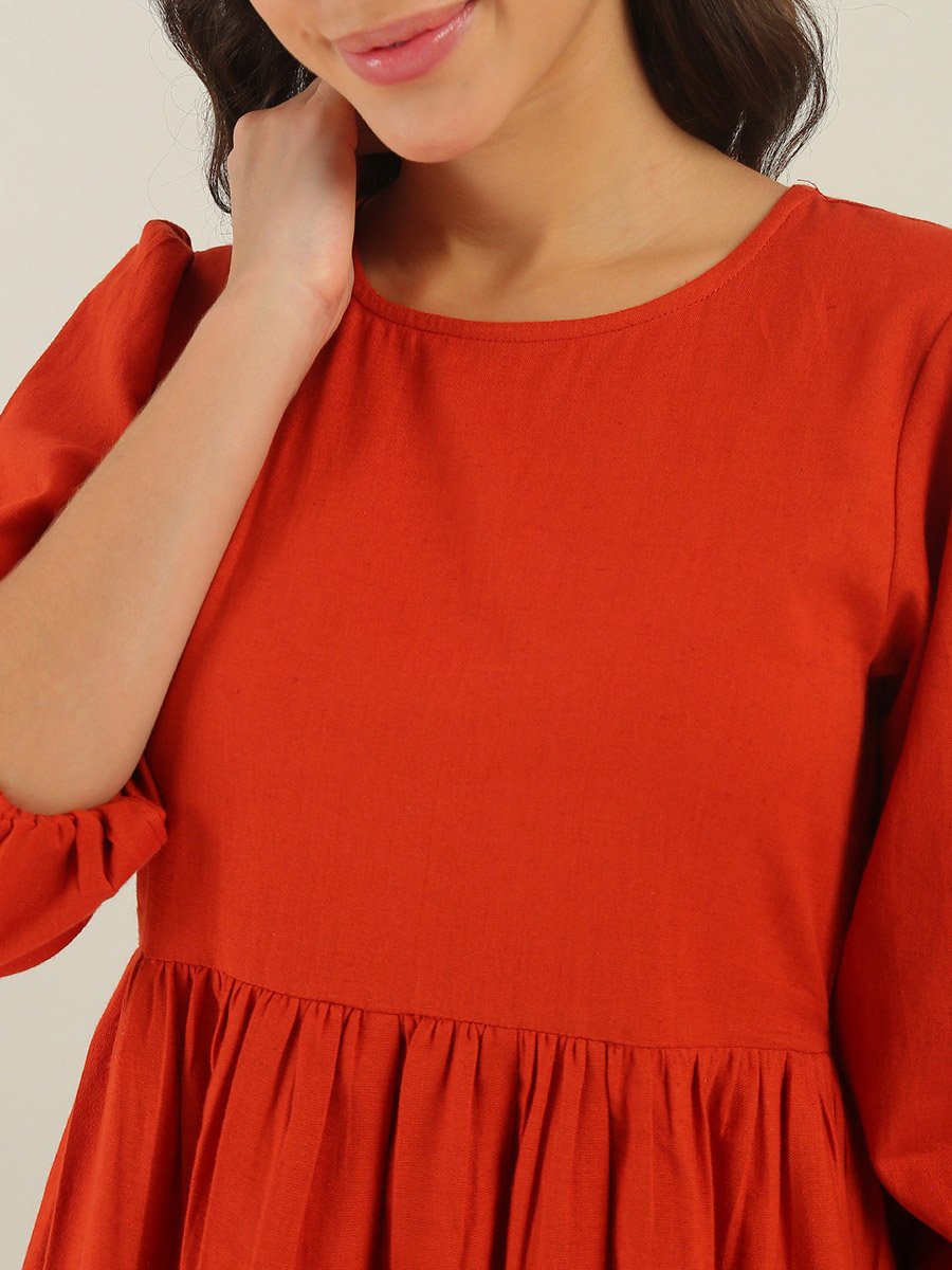 Rust Embroidered Midi Dress with 3/4 Sleeves