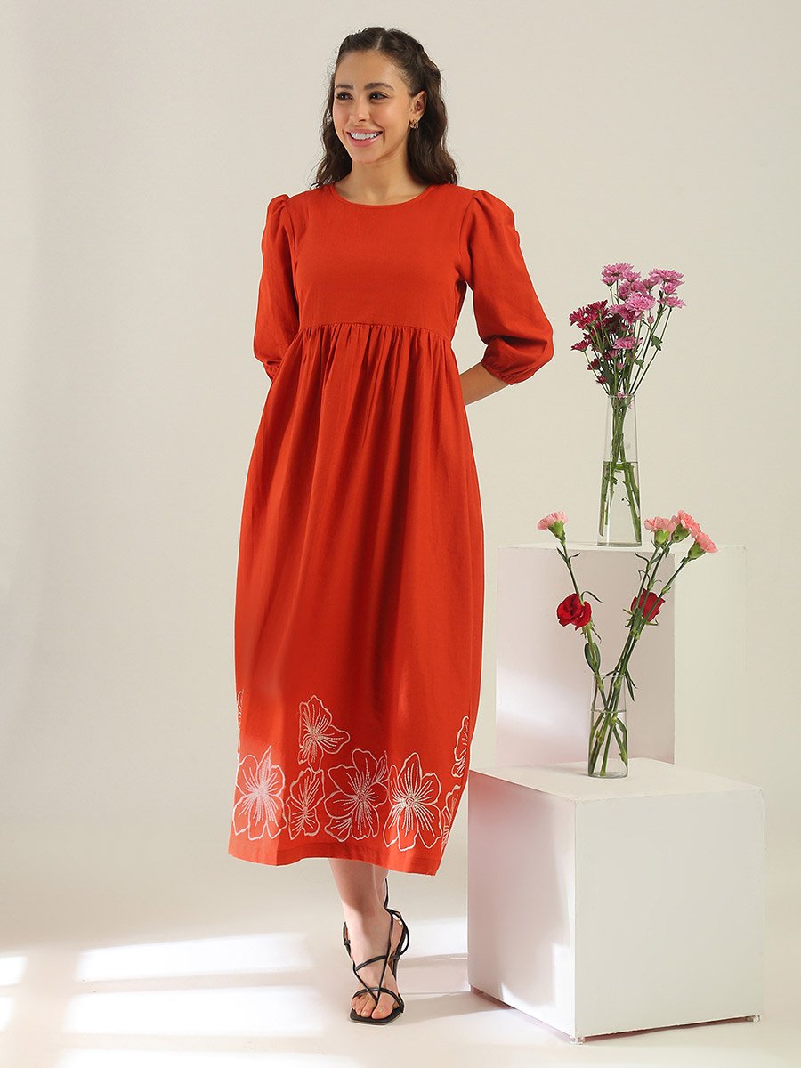 Rust Embroidered Midi Dress with 3/4 Sleeves