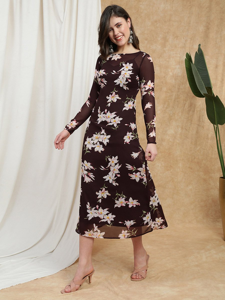 Floral A-Line Midi Dress with Long Sleeves