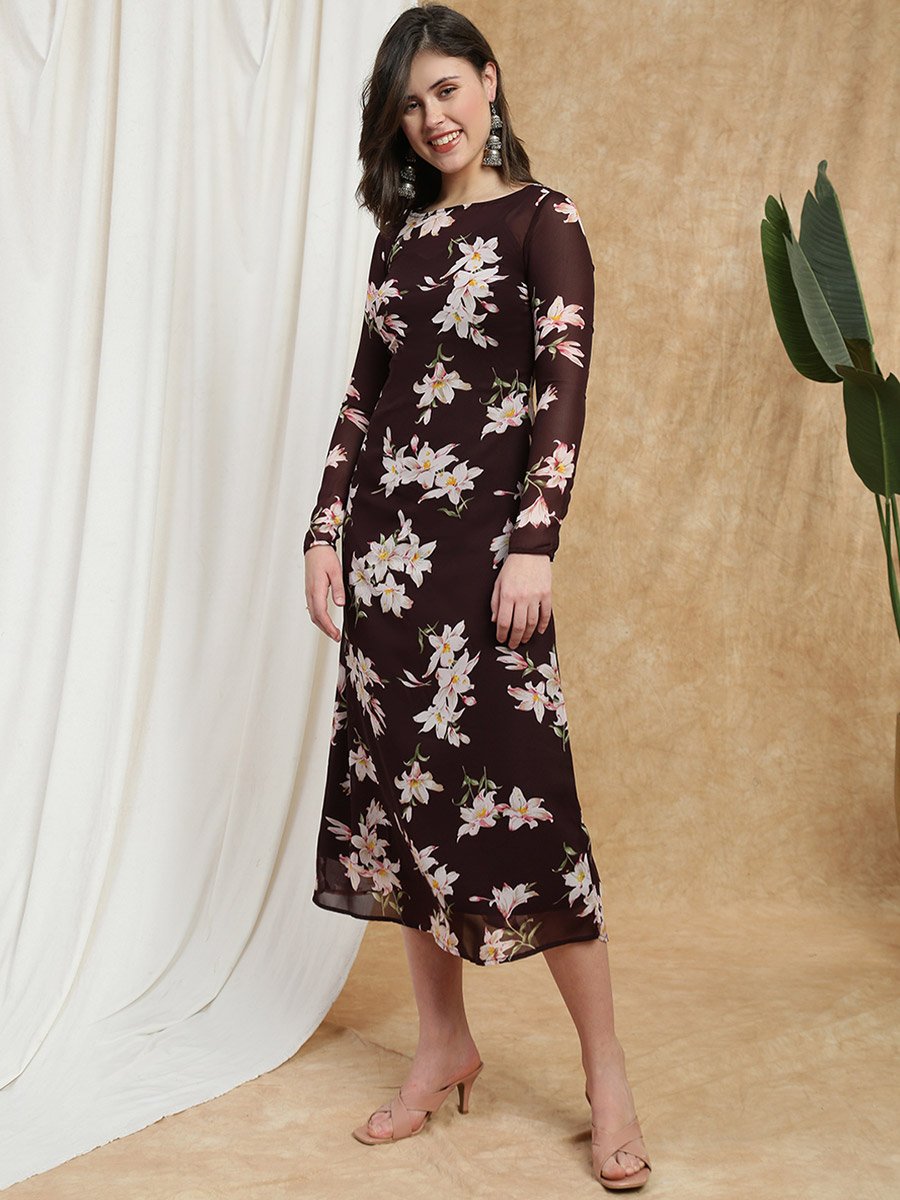 Floral A-Line Midi Dress with Long Sleeves