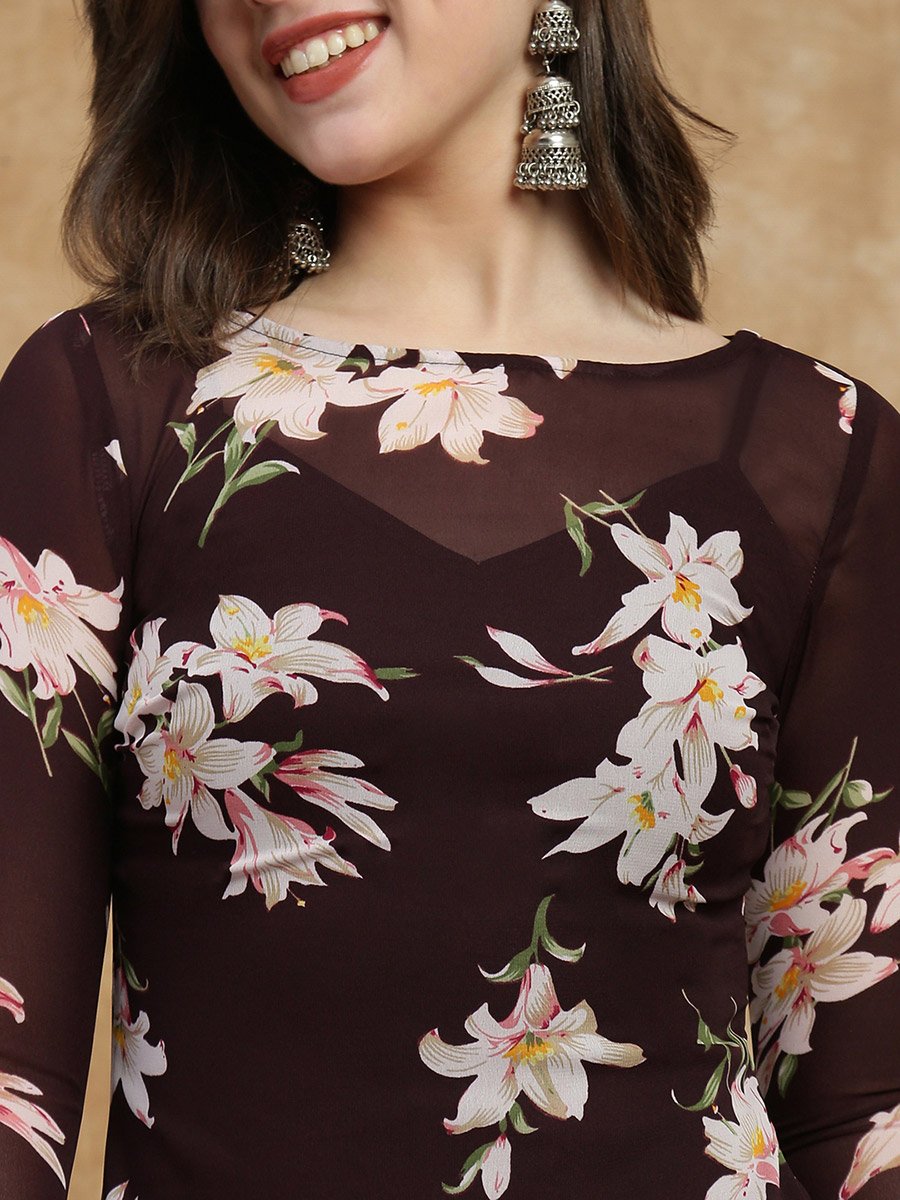 Floral A-Line Midi Dress with Long Sleeves