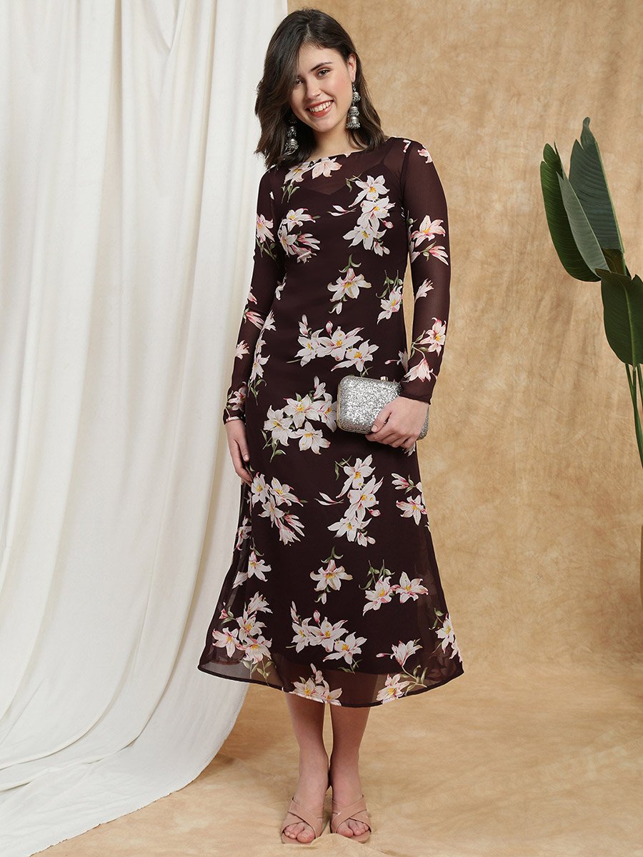 Floral A-Line Midi Dress with Long Sleeves
