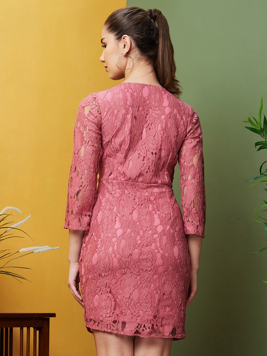 Pink Lace Mini Sheath Dress with 3/4 Sleeves
