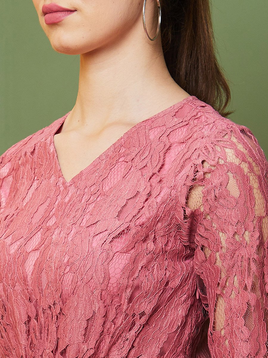 Pink Lace Mini Sheath Dress with 3/4 Sleeves