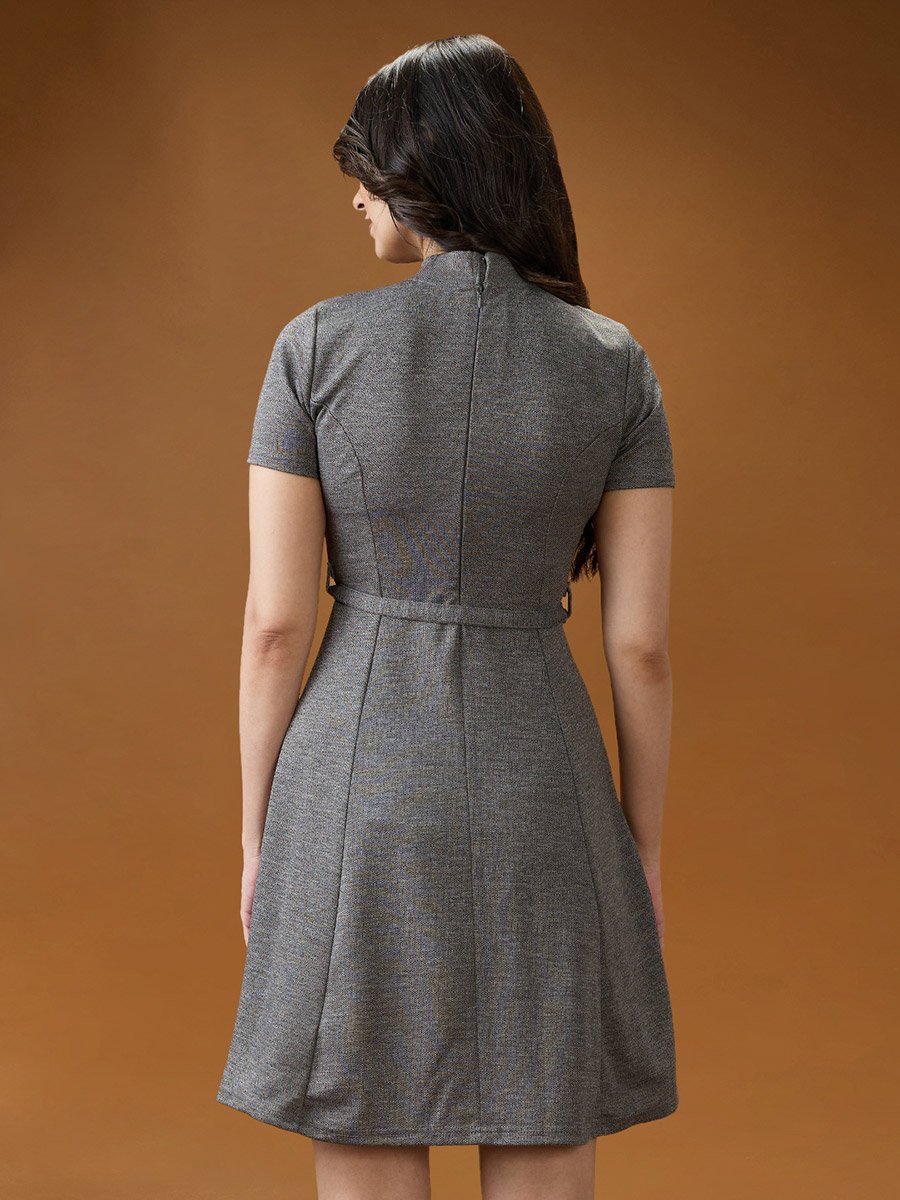 Grey Mini A-Line Dress with Belt