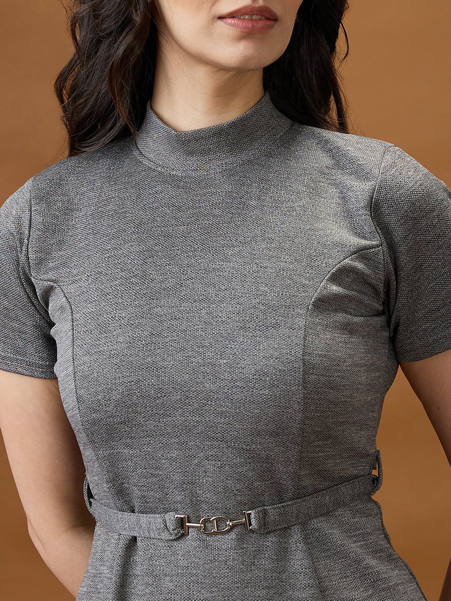Grey Mini A-Line Dress with Belt
