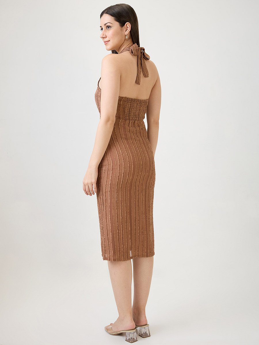 Brown Textured Halter Neck Midi Bodycon Dress