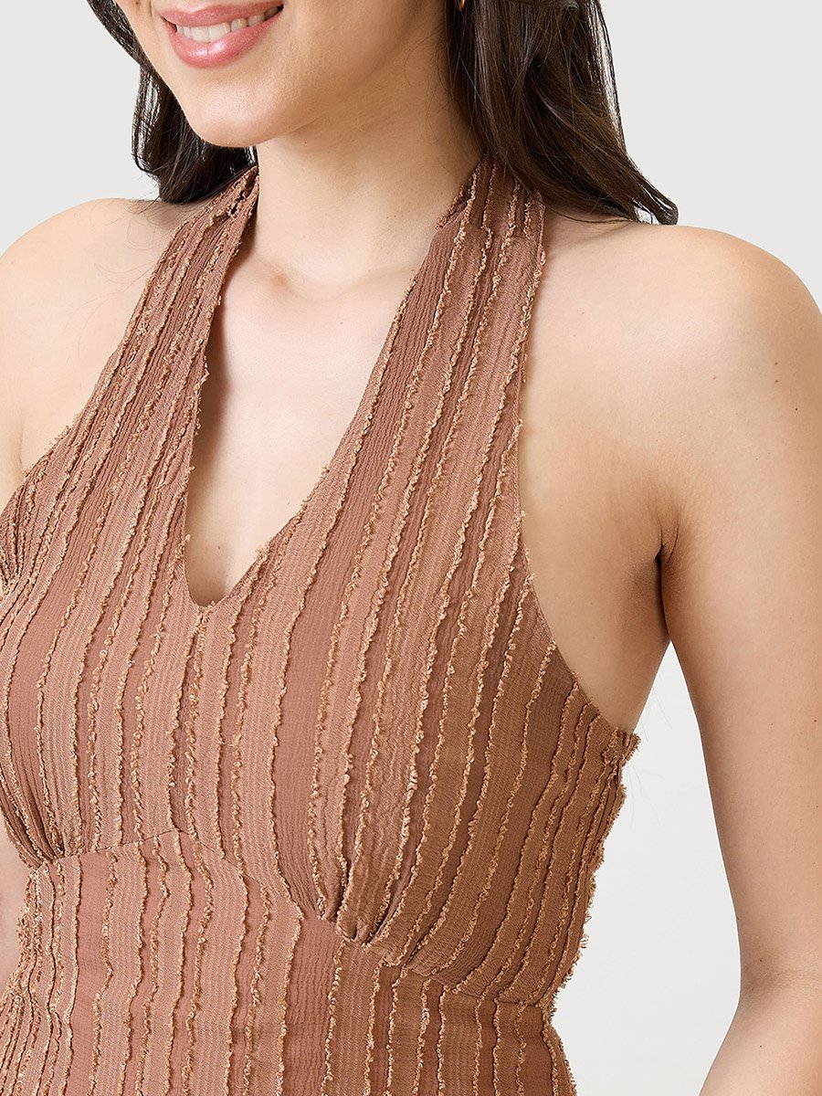 Brown Textured Halter Neck Midi Bodycon Dress