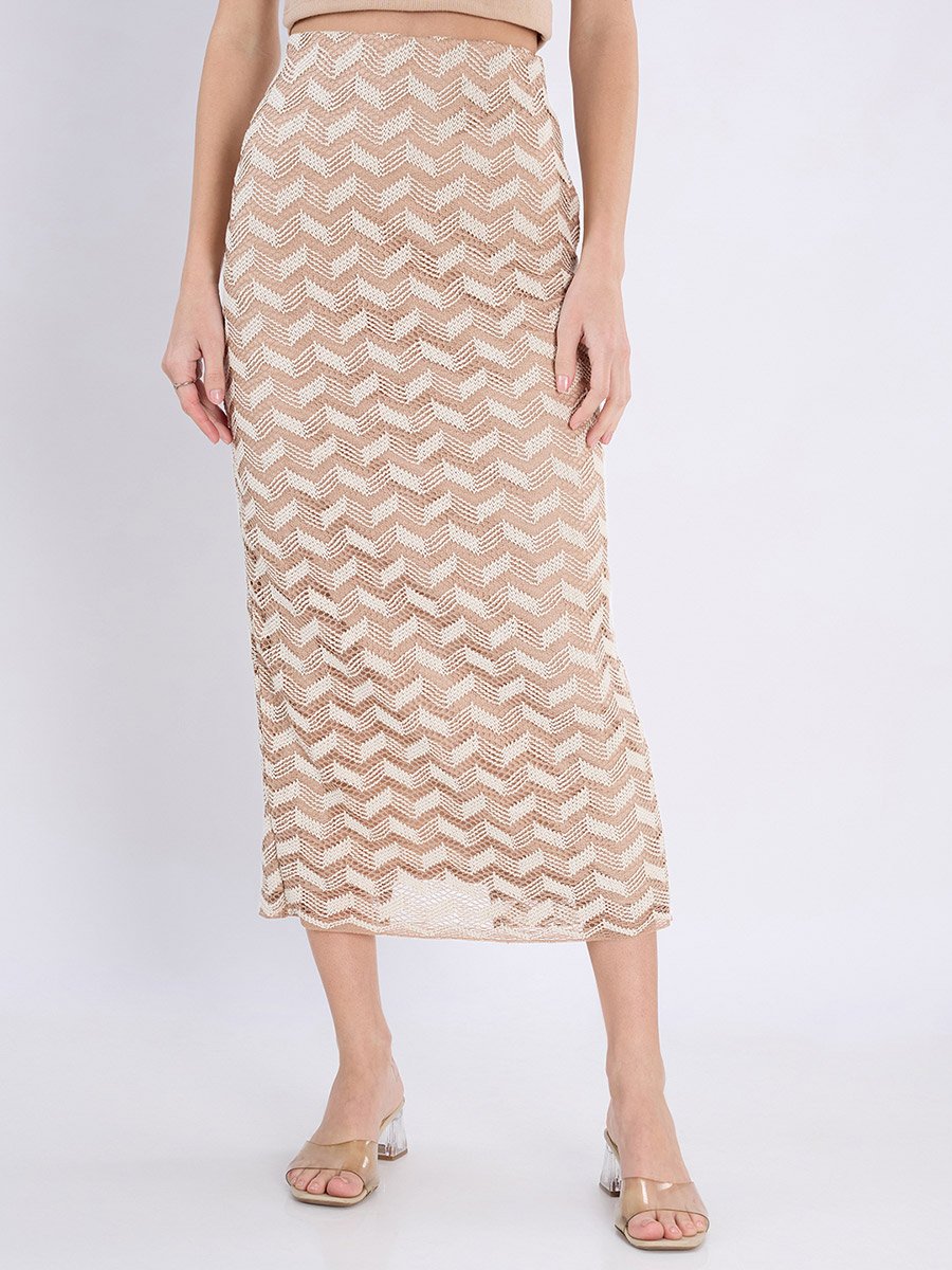 Beige Chevron Crochet Knit Midi Pencil Skirt