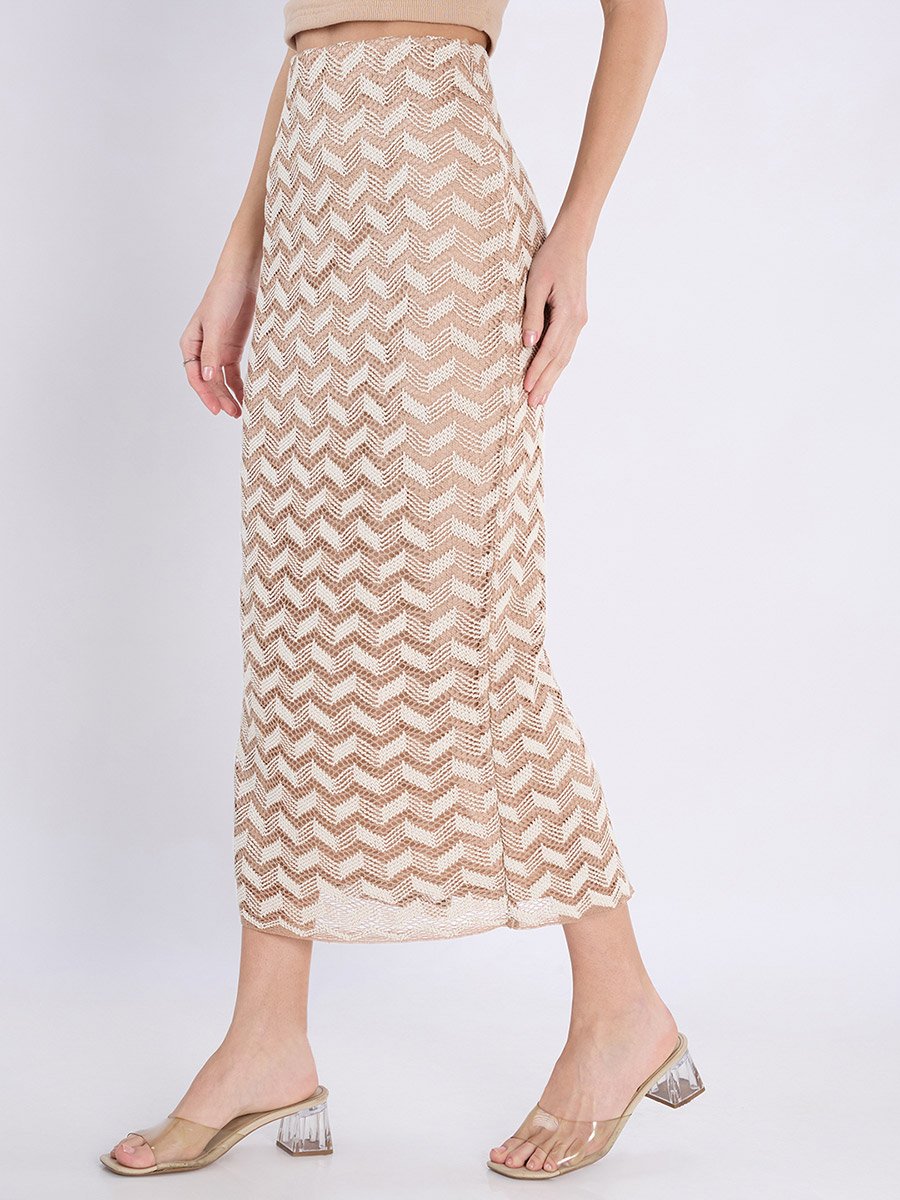 Beige Chevron Crochet Knit Midi Pencil Skirt