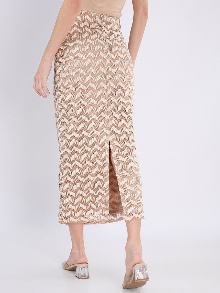 Beige Chevron Crochet Knit Midi Pencil Skirt