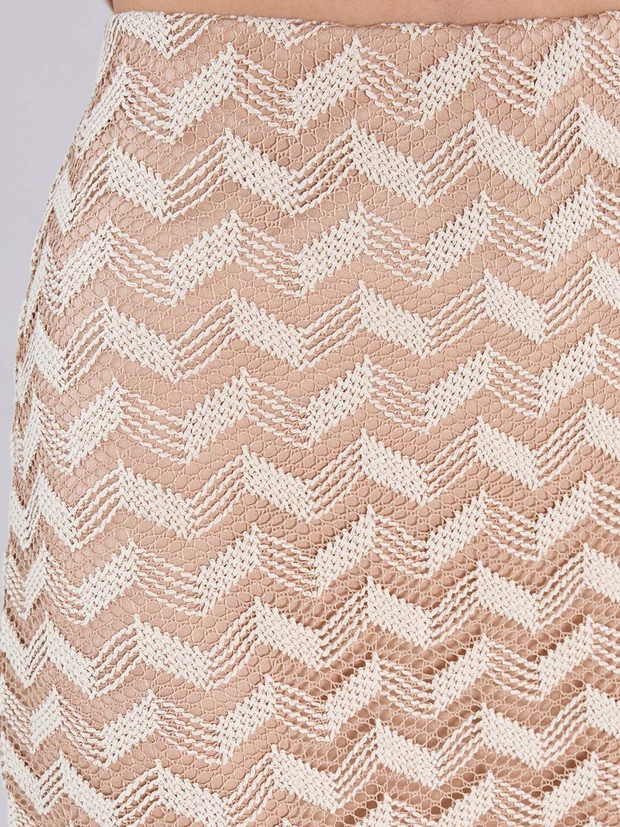 Beige Chevron Crochet Knit Midi Pencil Skirt