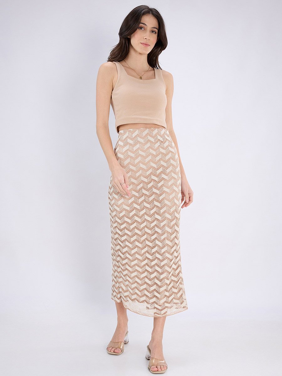 Beige Chevron Crochet Knit Midi Pencil Skirt