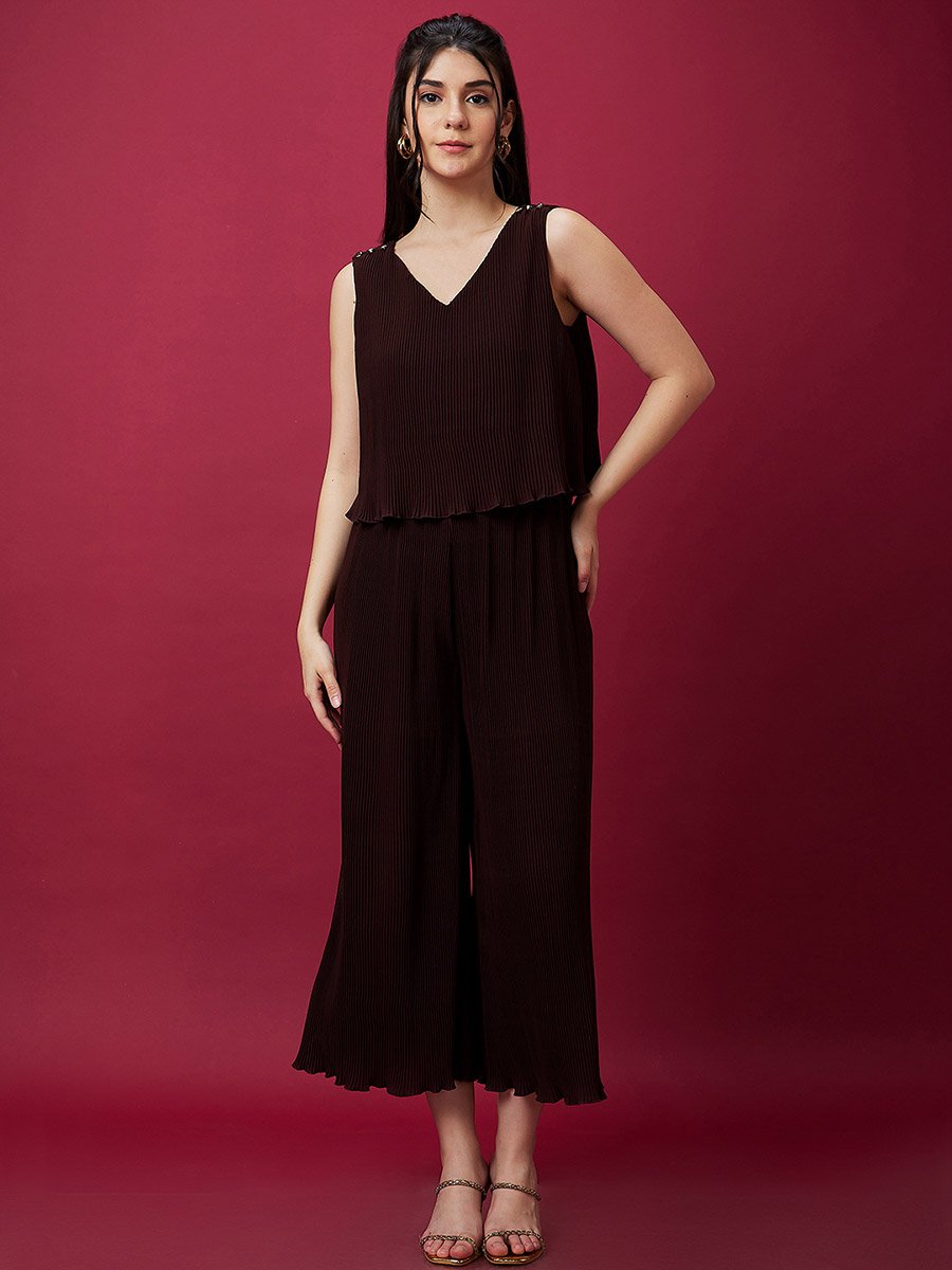 Brown Pleated Crop Top and Wide Leg Pants Co-ord Set