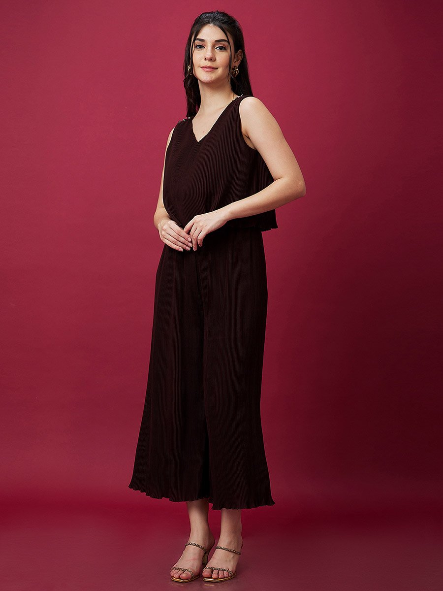 Brown Pleated Crop Top and Wide Leg Pants Co-ord Set