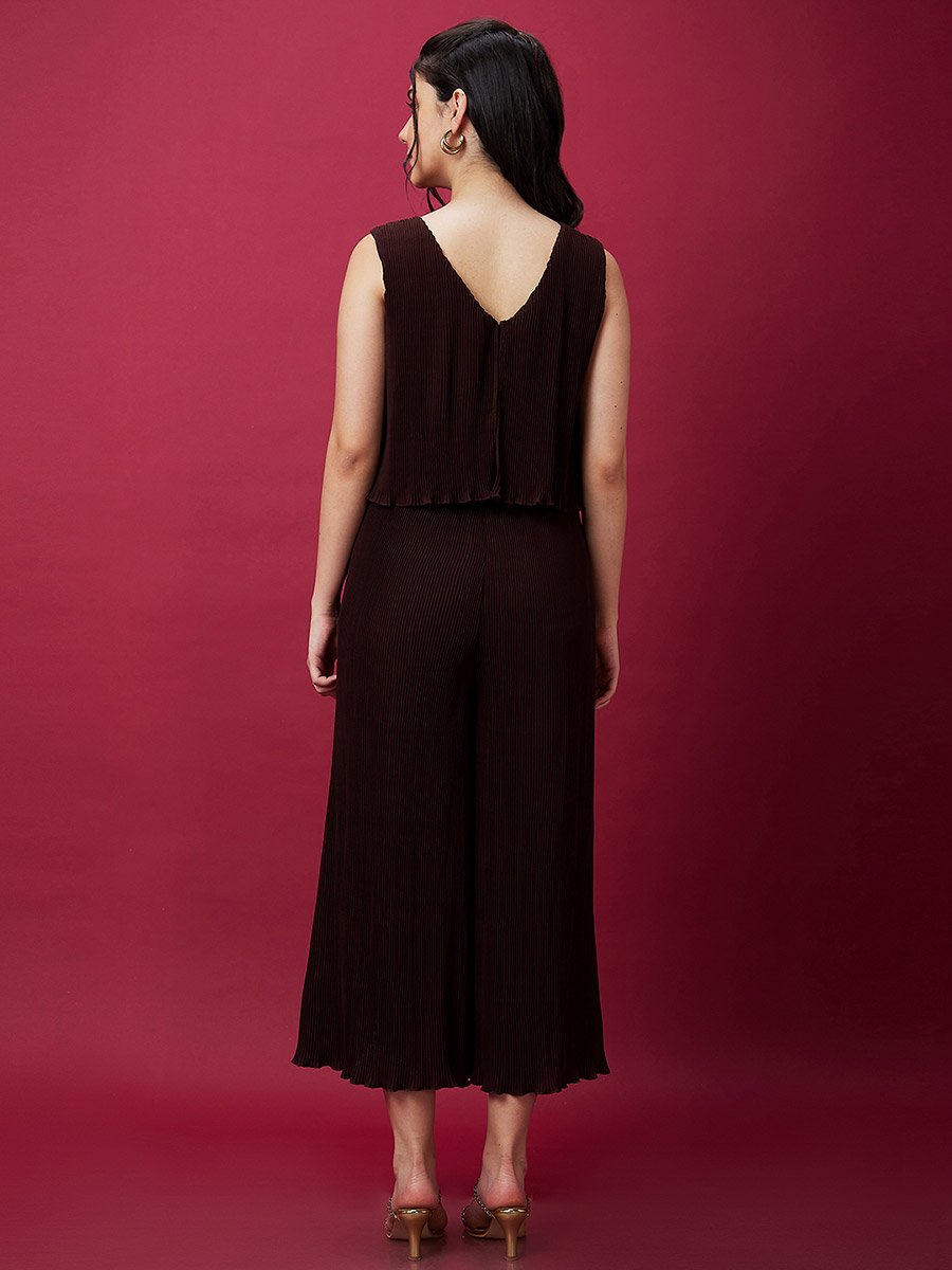 Brown Pleated Crop Top and Wide Leg Pants Co-ord Set