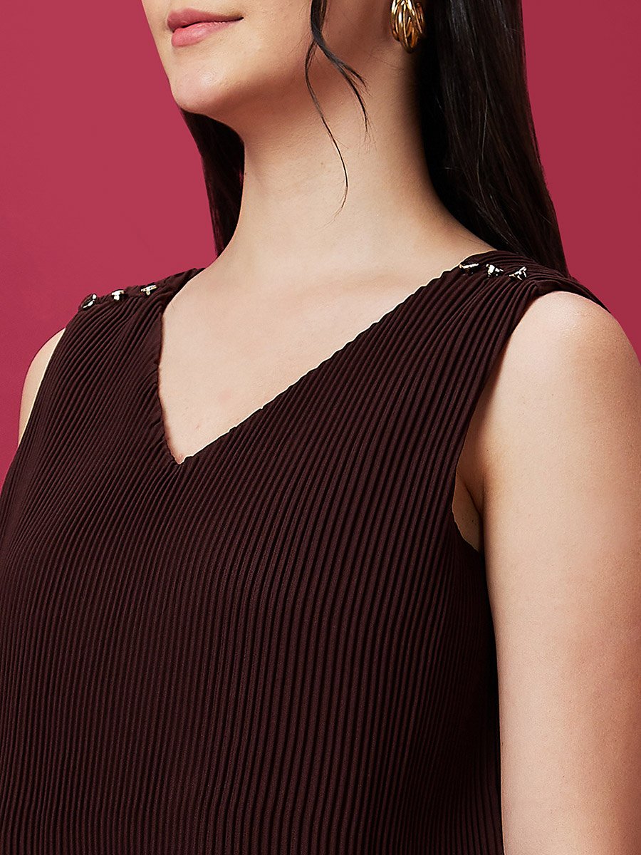 Brown Pleated Crop Top and Wide Leg Pants Co-ord Set