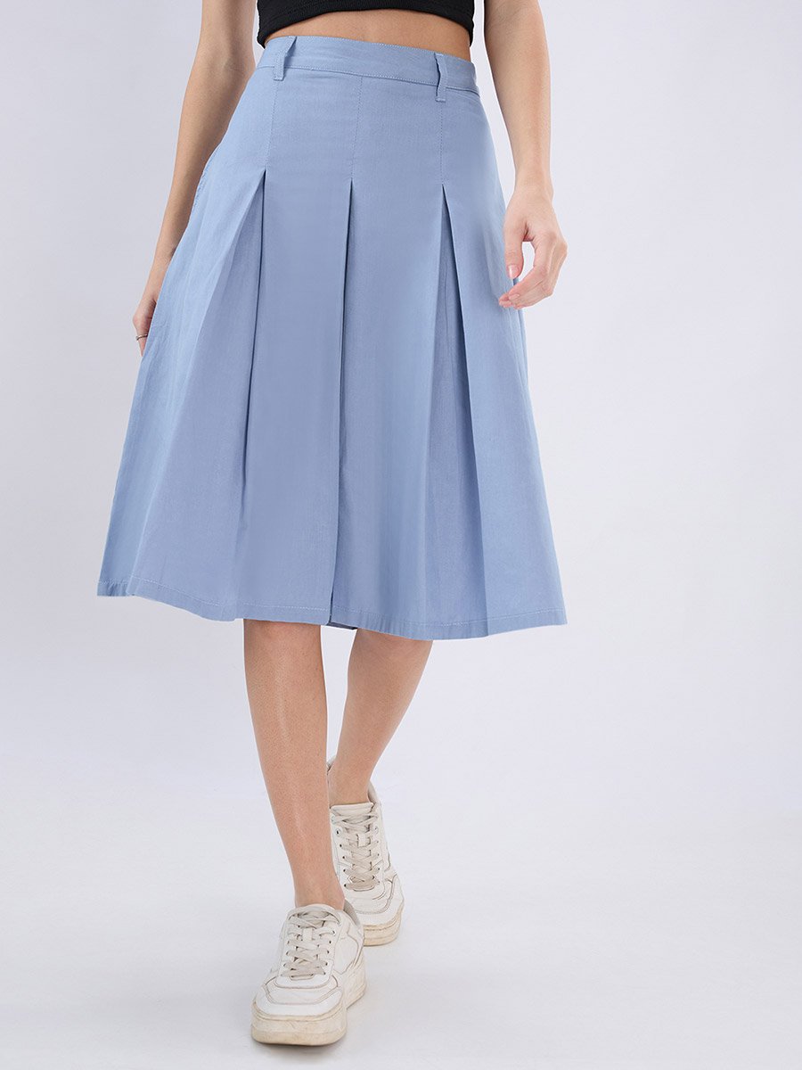 Blue Flared Midi Skirt with Pleats and Belt Loops