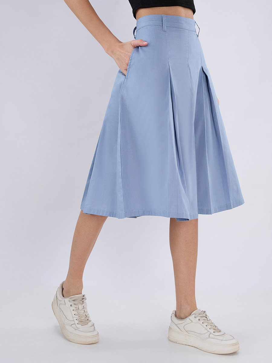 Blue Flared Midi Skirt with Pleats and Belt Loops
