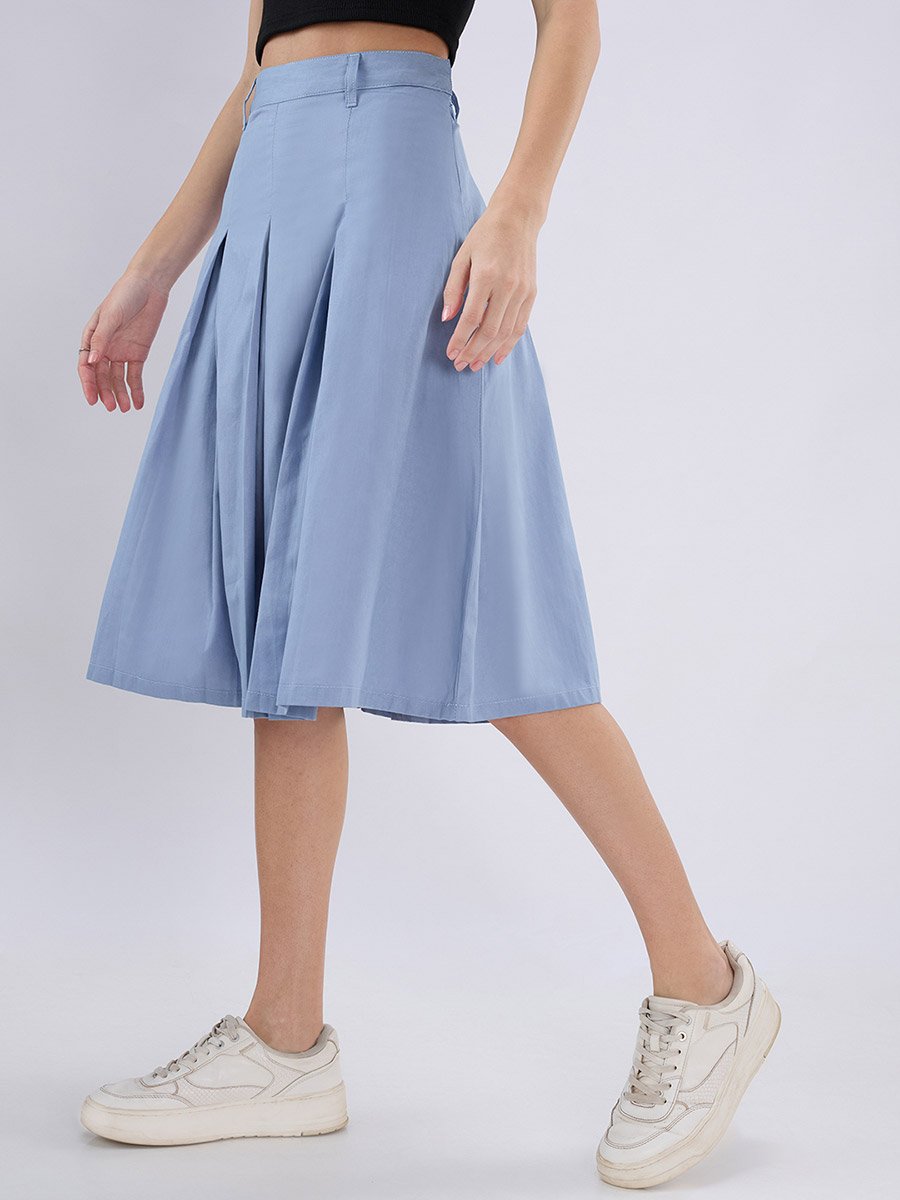 Blue Flared Midi Skirt with Pleats and Belt Loops