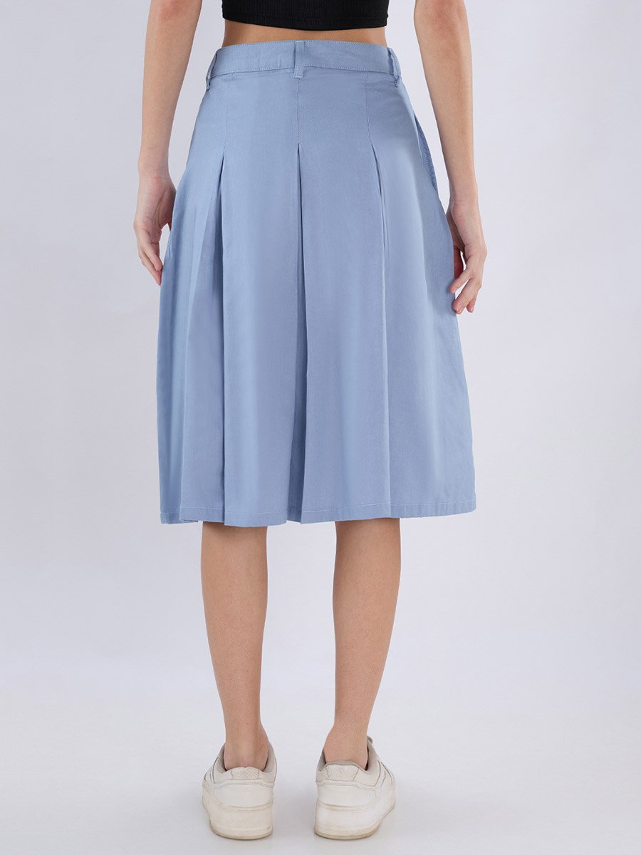 Blue Flared Midi Skirt with Pleats and Belt Loops