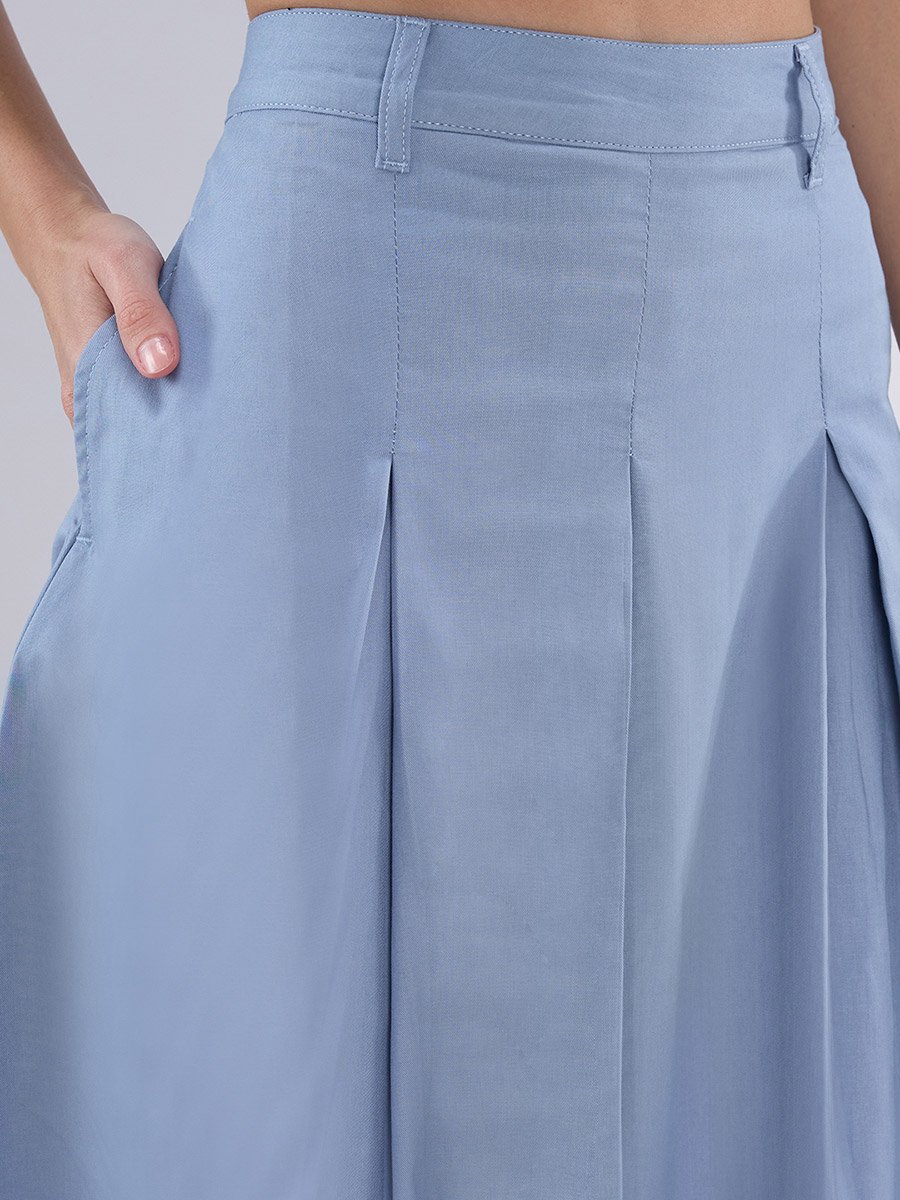 Blue Flared Midi Skirt with Pleats and Belt Loops