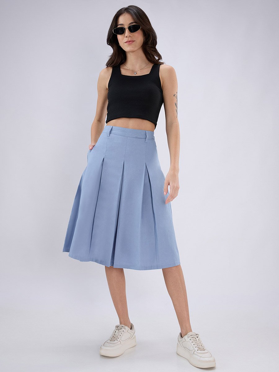 Blue Flared Midi Skirt with Pleats and Belt Loops