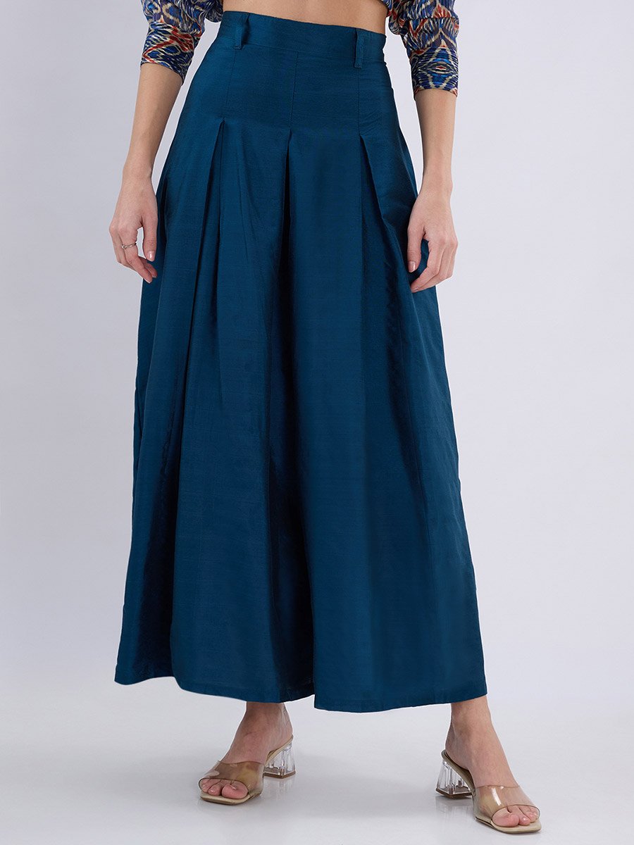 Teal Flared Maxi Skirt with Pleats